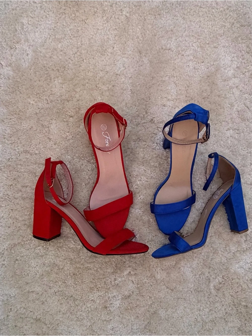Wild Diva Open-Toe Ankle Strap Heels in Red and Blue